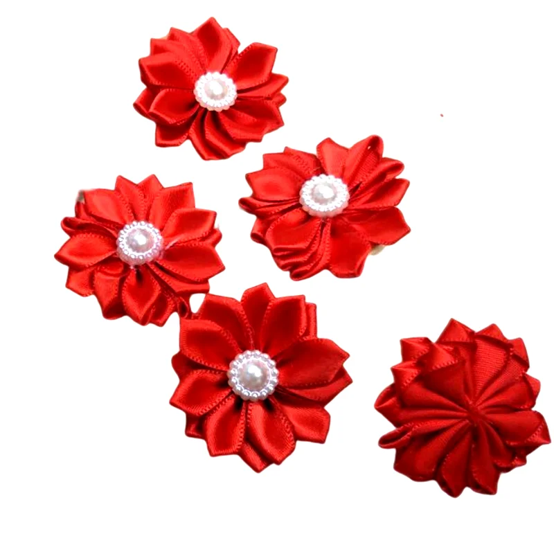 Фото HL 20pcs 35mm Red ribbon pearl flower handmade flowers wedding decorations DIY sewing appliques garment hair accessories A115 | Дом и сад