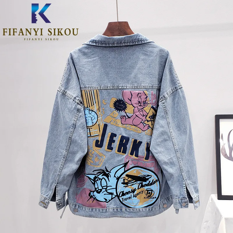 2020 New Spring Women Cartoon Print Denim Jacket Fashion Pocket Long sleeve Jeans Jacket Female High quality Loose Jeans Coat
2020 New Spring Women Cartoon Print Denim Jacket Fashion Pocket Long sleeve Jeans Jacket Female High quality Loose Jeans Coat