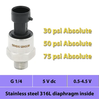 inexpensive isolated pressure sensor, 30psi, 50psi, 75psi absolute, 0.5 4.5V signal, G 1 4 thread, 5v power, AISI 316L diaphragm
inexpensive isolated pressure sensor, 30psi, 50psi, 75psi absolute, 0.5 4.5V signal, G 1 4 thread, 5v power, AISI 316L diaphragm