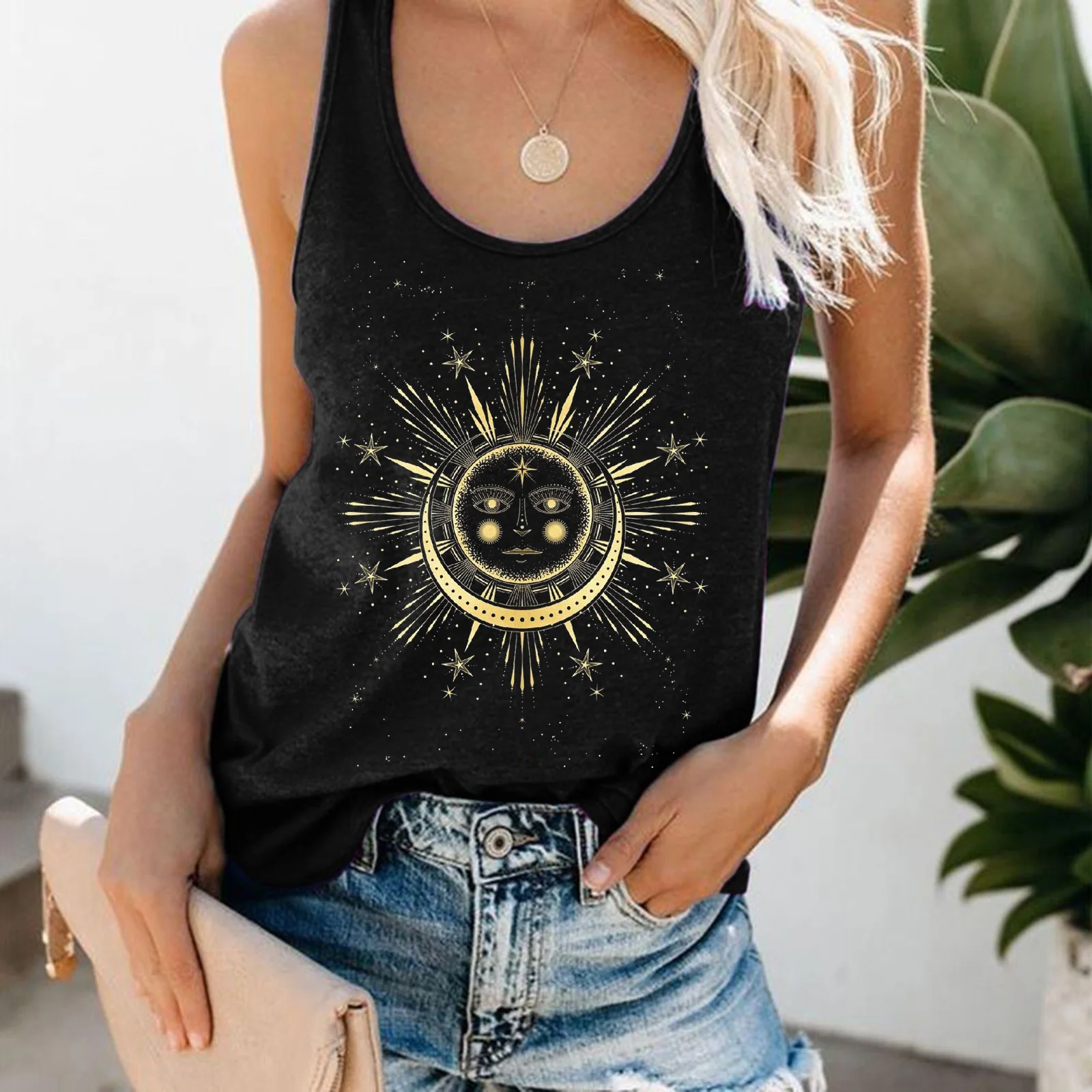 FREE SHIPPING Women Crochet Tank Tops Sun And Moon Printed JKP4743