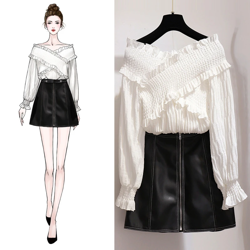 Luxury Designer Women Fashion Off The Shoulder Ruffle Long Sleeve White Top + Black PU Leather Mini A-Line Skirt Casual Suit 2PC 
Luxury Designer Women Fashion Off The Shoulder Ruffle Long Sleeve White Top + Black PU Leather Mini A-Line Skirt Casual Suit 2PC