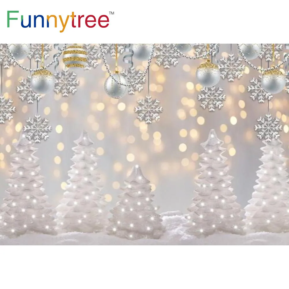 

Funnytree Christmas Party Background Winter New Year Snow Trees Bells Glitter Silver Banner Bokeh Photography Props Backdrop