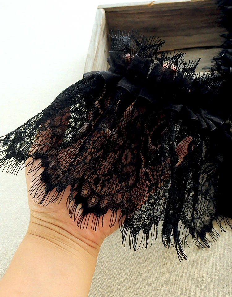 Description Picture 5 of item15CM Wide Black Organza Eyelash Fringed Lace Ruffle Trim Ribbon Women Dress Collar Skirts Splicing Material Sewing Tassel Decor