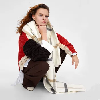 

Europe and the United States in autumn and winter new coffee grey check cashmere scarf soft touch fur must keep warm scarf shawl