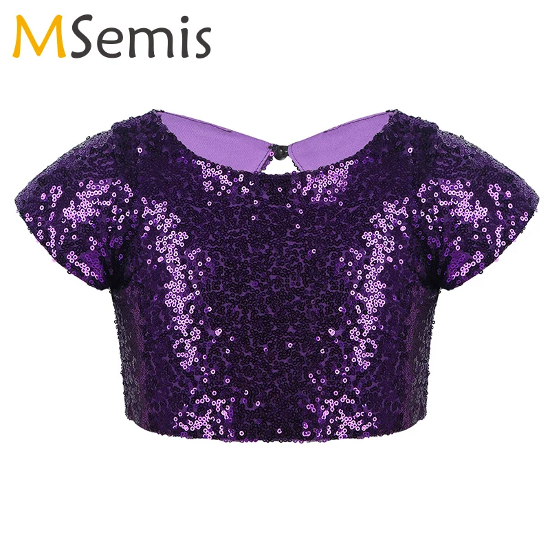 Kids jazz costume Sequins Crop Tops Dancing Cap Sleeves Sparkly Keyhole Back Top for Dance Stage Performance Birthday Party |