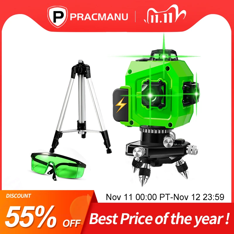 PRACMANU Laser Level Green 12 Lines 3D Level Self-Leveling 360 Horizontal And Vertical Cross Super Powerful Green Laser Level
PRACMANU Laser Level Green 12 Lines 3D Level Self-Leveling 360 Horizontal And Vertical Cross Super Powerful Green Laser Level