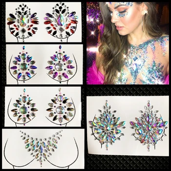 

Rave Body Jewels Paste Rhinestone Jewelry Sticker Festival Crystal Tattoo Nipple Chest Gem Stones For Woman Stage Performance