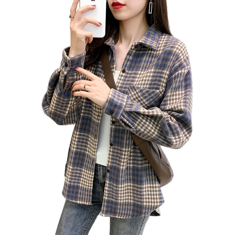 

Fashion Plaid Shirt Female Spring Autumn Thicken Sanding Wool Lattice Shirts Blouse Single-Breasted Casual Jacket Outerwear Tops
