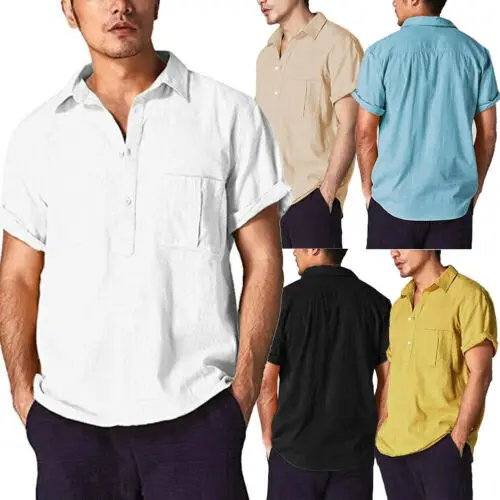 Рубашка Мужская льняная с коротким рукавом Повседневная Свободная сорочка в