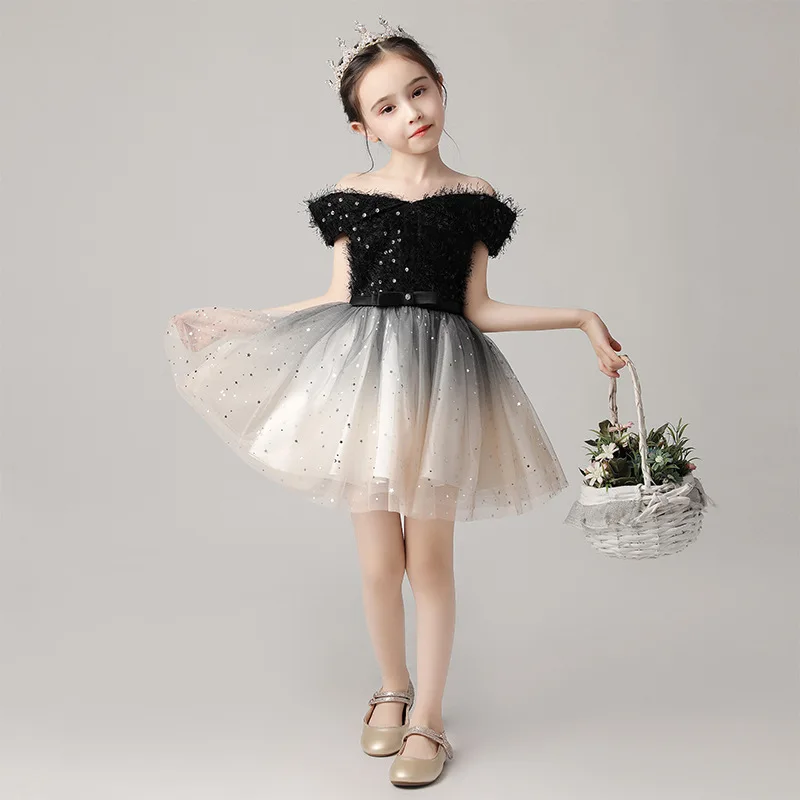 

2023 summer birthday princess dress girl catwalk evening dress fluffy yarn children host piano costume