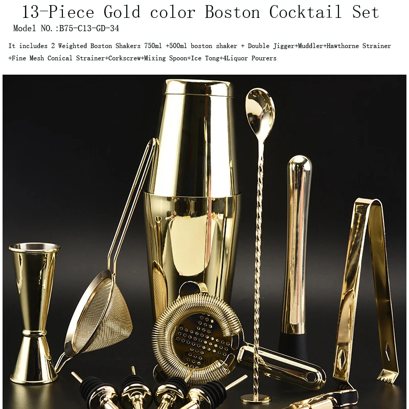 Cocktailshaker 13-piece Gold Boston Shaker Bar Set: 2 Shakers, Cocktail Strainer Set, Double Jigger, Cocktail Muddler and Spoon
Cocktailshaker 13-piece Gold Boston Shaker Bar Set: 2 Shakers, Cocktail Strainer Set, Double Jigger, Cocktail Muddler and Spoon