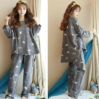Women Autumn Winter Pajamas Set Cartoon Printed Long-sleeved Three Cat Print O-neck Pajamas + Sleep Pants Feme 
Women Autumn Winter Pajamas Set Cartoon Printed Long-sleeved Three Cat Print O-neck Pajamas + Sleep Pants Feme