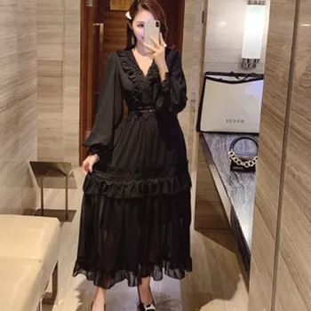 Spring NewPattern Restoring Ancient High Quality Long Sleeves Dress Women's V Collar Lotus leaf Edge Grace Chiffon Dress
Spring NewPattern Restoring Ancient High Quality Long Sleeves Dress Women's V Collar Lotus leaf Edge Grace Chiffon Dress