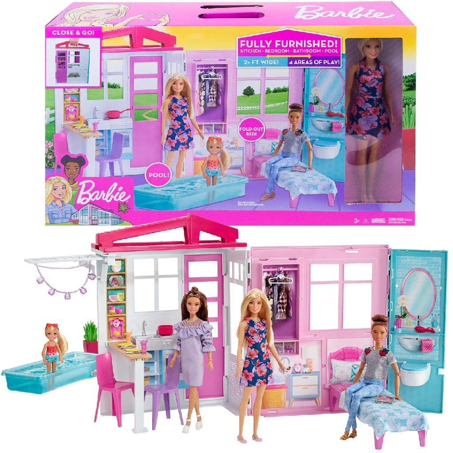 barbie house with pool and 3 dolls