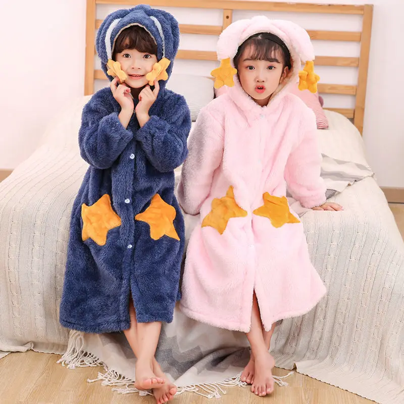 

Kids Robe Flannel Bathrobe After Bath Girls Pajamas Sleepwear Baby Boy Winter Hooded Robes Teen Pyjamas Warm Nightgown Home Wear