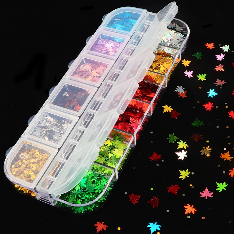 12 Grids/Set Holographic Nail Maple Leaf Glitter Sequins Paillette Laser Flakes Slices Art Decorations Decals Nails Accessories
12 Grids/Set Holographic Nail Maple Leaf Glitter Sequins Paillette Laser Flakes Slices Art Decorations Decals Nails Accessories