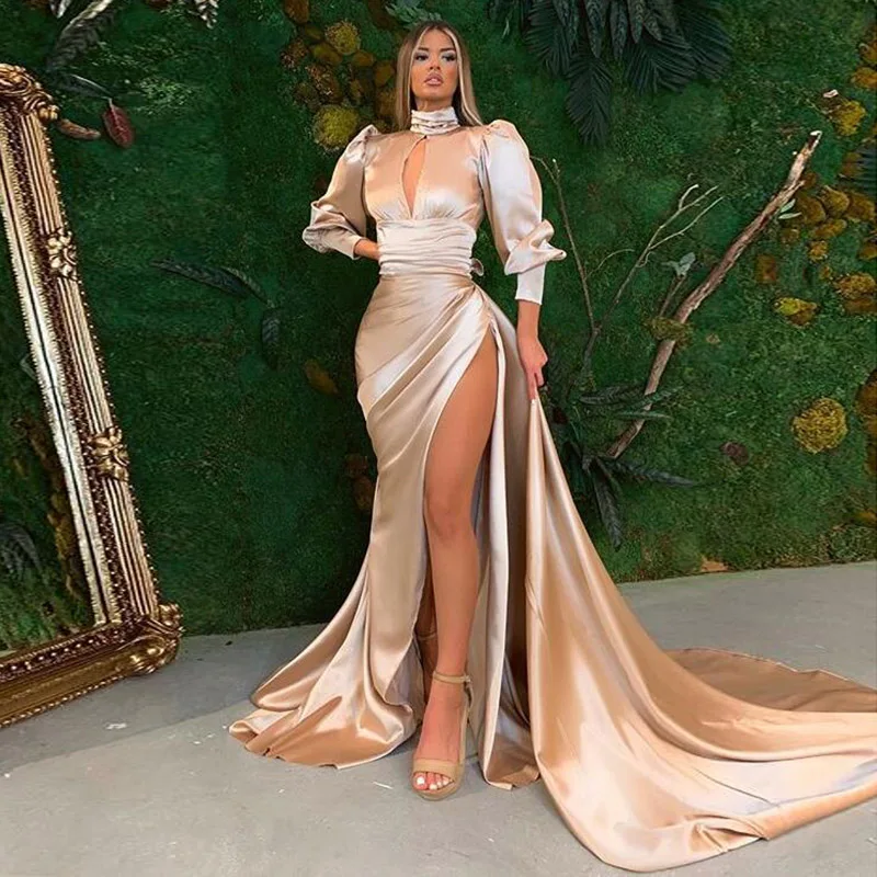 Eightale Arabic Evening Dress High Neck High Side Split Long Puff Sleeves Satin Party Dress Pleats Dubai Champagne Prom Gown
Eightale Arabic Evening Dress High Neck High Side Split Long Puff Sleeves Satin Party Dress Pleats Dubai Champagne Prom Gown