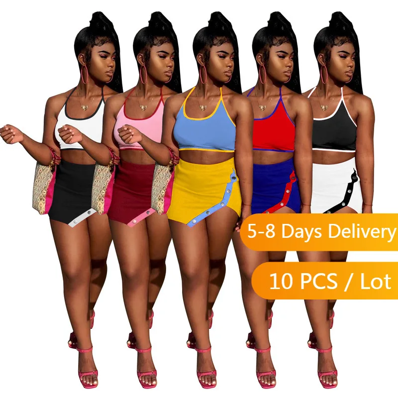 Wholesale Items Summer Two Piece Set Women Clubwear Halter Top and Buttons Mini Skirt Set Color Pachwork Bodycon 2 Piece Outfits
Wholesale Items Summer Two Piece Set Women Clubwear Halter Top and Buttons Mini Skirt Set Color Pachwork Bodycon 2 Piece Outfits