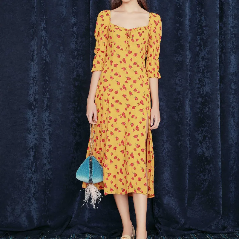 Vintage Floral Printing Yellow Dress Puff Sleeve Slit Midi Summer Dress Square Neck Tea Dress for The Retro Gal Vestidos
Vintage Floral Printing Yellow Dress Puff Sleeve Slit Midi Summer Dress Square Neck Tea Dress for The Retro Gal Vestidos