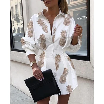 Pineapple Print white mini dress Women office lady pleated blouse shirt dress Autumn high waist slim elegant short dress
Pineapple Print white mini dress Women office lady pleated blouse shirt dress Autumn high waist slim elegant short dress