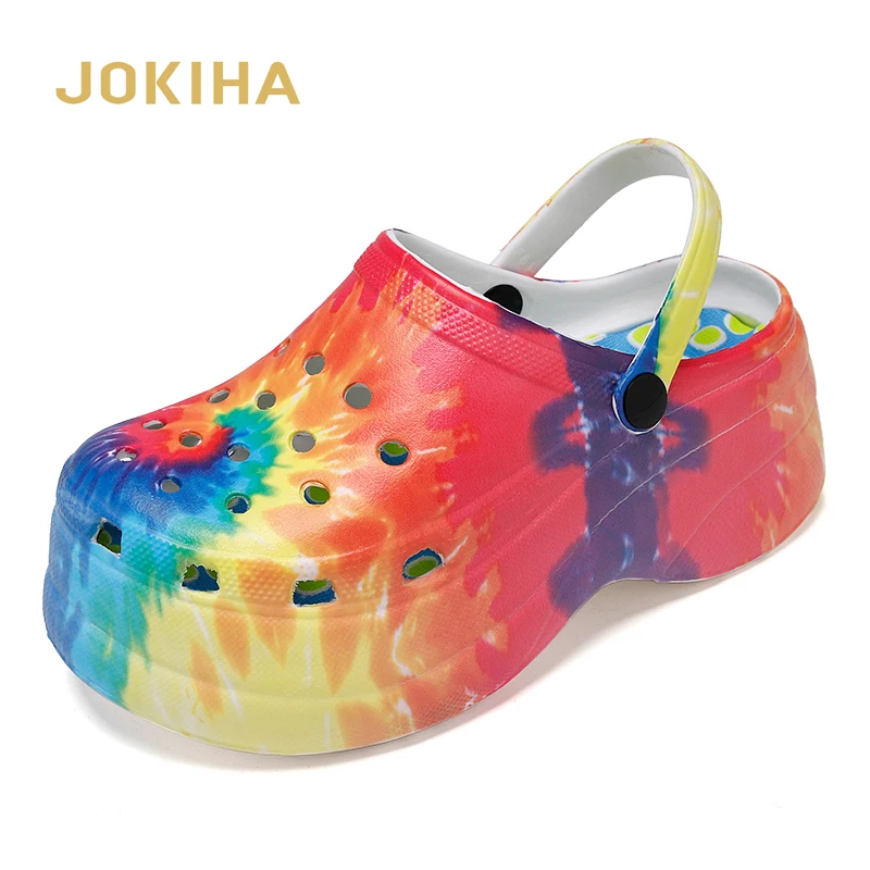 

JOKIHA Platform Clogs Women Rainbow Print Height Increasing Fashion 5 CM High Heel Mule Garden Clogs Women's Sandals