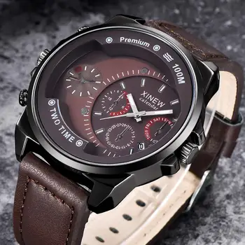 

XINEW Sports Men Watch Calendar Sub-dials Big Case Decor Faux Leather Band Fashion Men Analog Quartz Wrist Watch orologio uomo