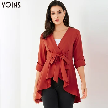 

YOINS 2020 Autumn Winter Women Jackets & Coats Red V-neck Tie-up Ruffle Hem Coat Long Adjustable Sleeves Regular Casual Work