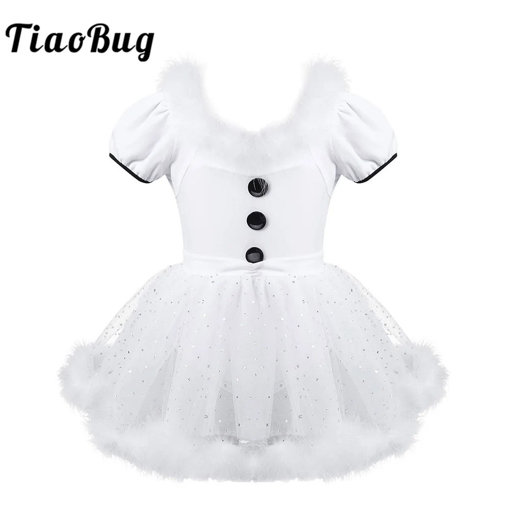 

TiaoBug Kids Girls Christmas Swan Dance Costume White Feather Short Sleeve Sequins Mesh Tutu Ballet Leotard Figure Skating Dress
