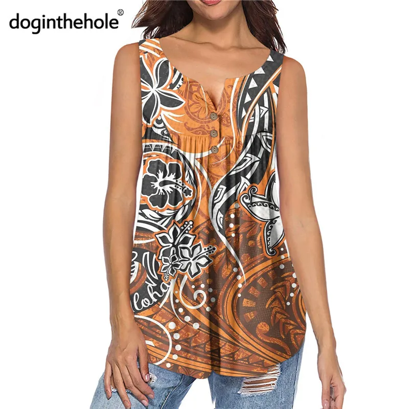 

Doginthehole Women Summer Sleeveless Henley Blouse Hawaiian Sunset Orange ALOHA Print Flowy Tank Tops Casual Loose Shirts Mujer