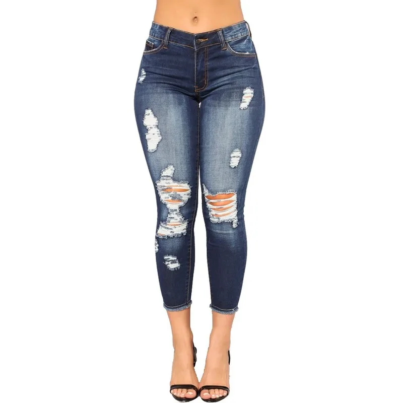 Spring and Summer Slim Mid-waist Nine-point Hole Washed Women's Jeans Small Feet Tight Hip Fashion Casual Flanging Worn Jeans
Spring and Summer Slim Mid-waist Nine-point Hole Washed Women's Jeans Small Feet Tight Hip Fashion Casual Flanging Worn Jeans