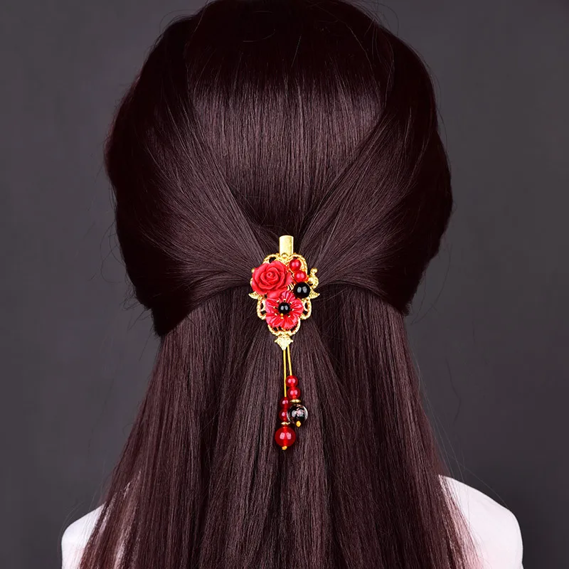 Фото Креативный яркий Красный синтетический цветок цветные глазурь шпильки для волос