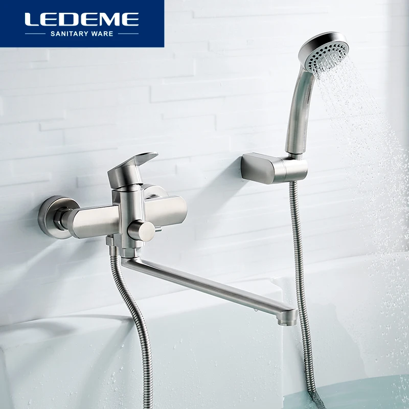 

LEDEME Bathroom Bathtub Faucet Wall Mounted Shower With Handheld Tap Mixer Stainless Steel Long Spout Faucet L72216