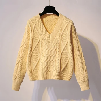 V-Neck Vintage Knitted Women Sweater And Pullovers Winter New Solid Long-Sleeved Loose Casual All Match Female Pulls Tops 
V-Neck Vintage Knitted Women Sweater And Pullovers Winter New Solid Long-Sleeved Loose Casual All Match Female Pulls Tops