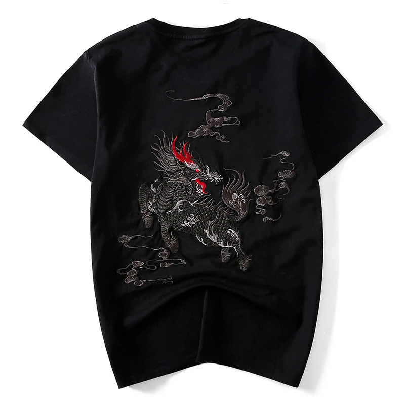 

Lyprerazy Fashion Streetwear Hip Hop Casual Short Sleeve Mens Tshirts Chinese Style Dragon Kirin Embroidery Tees Shirts Tops