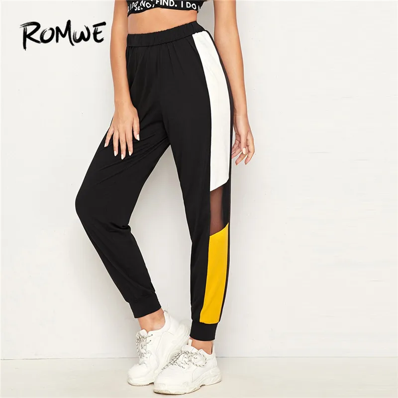 

Romwe Sporty Mesh Insert Colorblock Jogging Pants Women Black Sheer Fall 2019 Clothing Gym Workout Pants Running Sweatpants