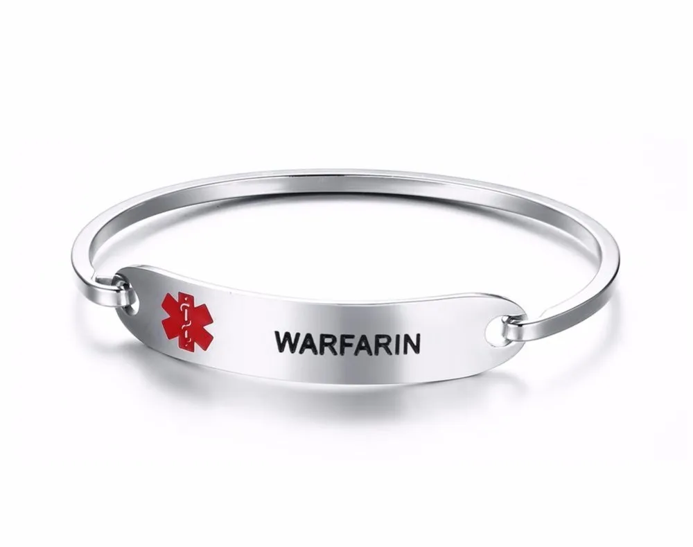 women Stainless Steel Medical Alert ID Bangle Bracelet Silver WARFARIN 11