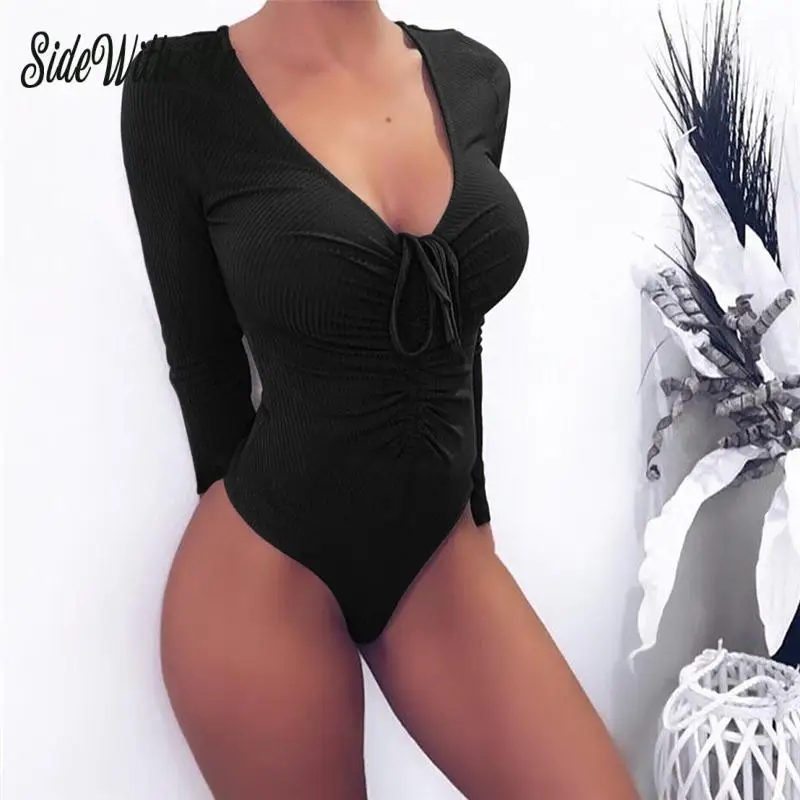 

Bodysuit sólido de encaje para mujer Sexy Casual de manga larga con cuello en V brillante para mujer ropa de calle moda elegante señoras Delgado Bodysuit