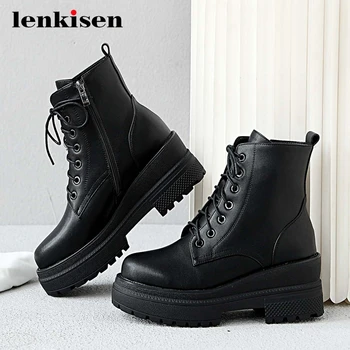Lenkisen 2020 hot sale winter new boots genuine leather cross-tied round toe high heels zipper fashion keep warm ankle boots L13 
Lenkisen 2020 hot sale winter new boots genuine leather cross-tied round toe high heels zipper fashion keep warm ankle boots L13