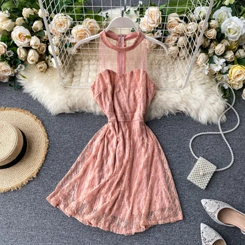 Summer 2020 New Mesh Gauze Sexy Halter Dress Fans Mid-length Sleeveless Dress Women Summer Clothes Vestidos
Summer 2020 New Mesh Gauze Sexy Halter Dress Fans Mid-length Sleeveless Dress Women Summer Clothes Vestidos