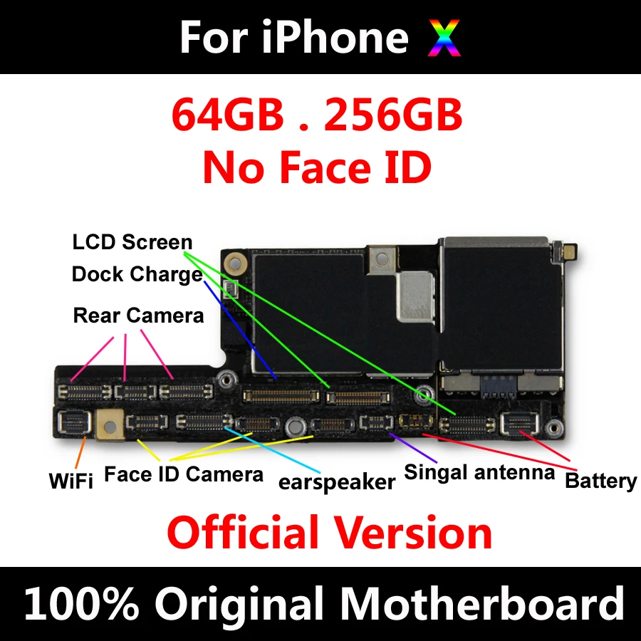 100% Original Motherboard For iPhone X Factory Unlock Mainboard No Face ID With Full Chips IOS System Logic Board Good Working
100% Original Motherboard For iPhone X Factory Unlock Mainboard No Face ID With Full Chips IOS System Logic Board Good Working