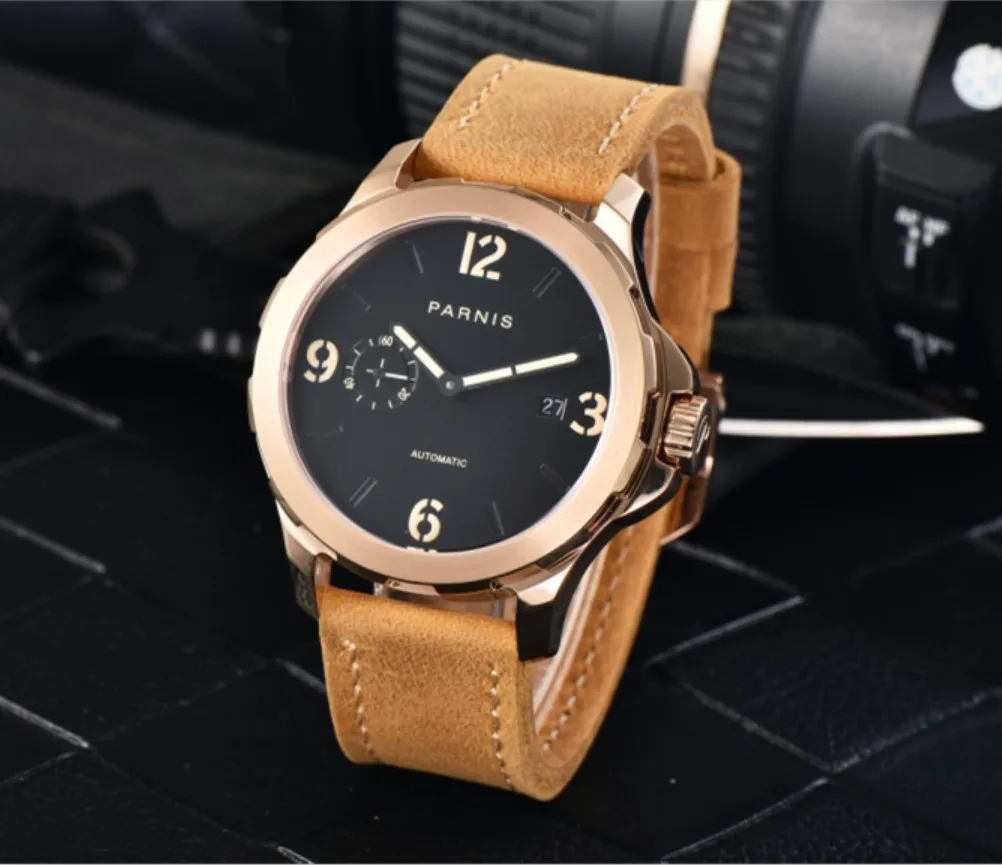 

New Rose goldLuxury Brand Mechanical Watches 44mm Casual Automatic Watch Men Sapphire 5Bar Leather Luminous GR43-21