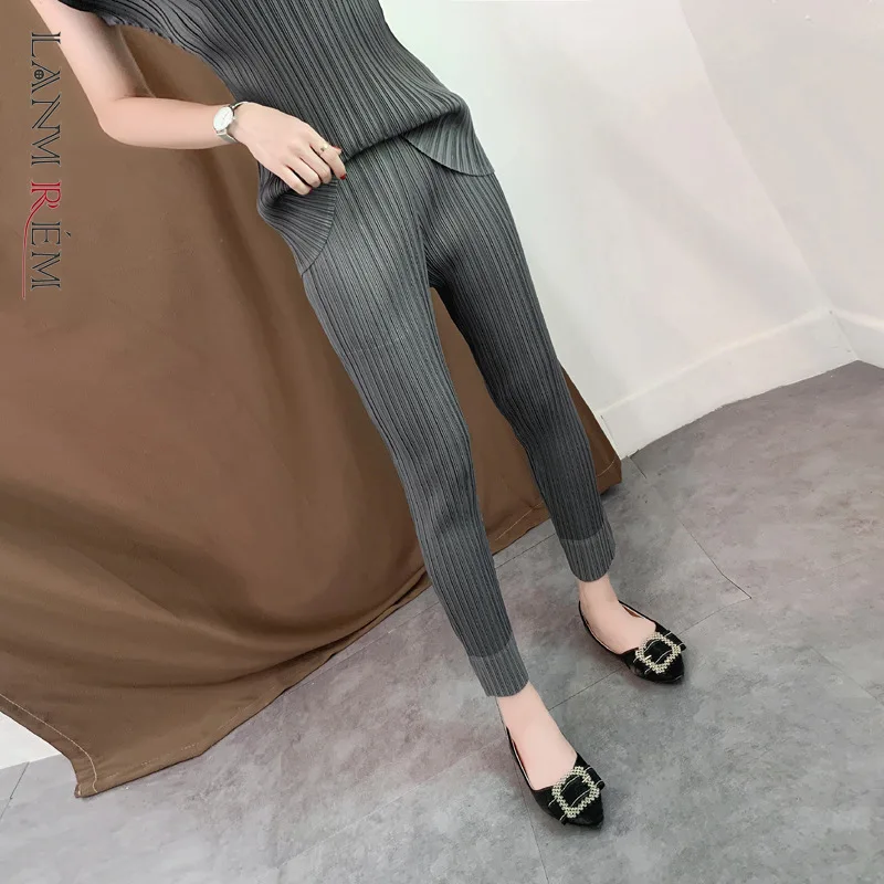 

LANMREM autumn new fold Directly Cuffless Trousers Vent Hem Ankle-Length Pants casual pleated bottoms Woman Tide YH712