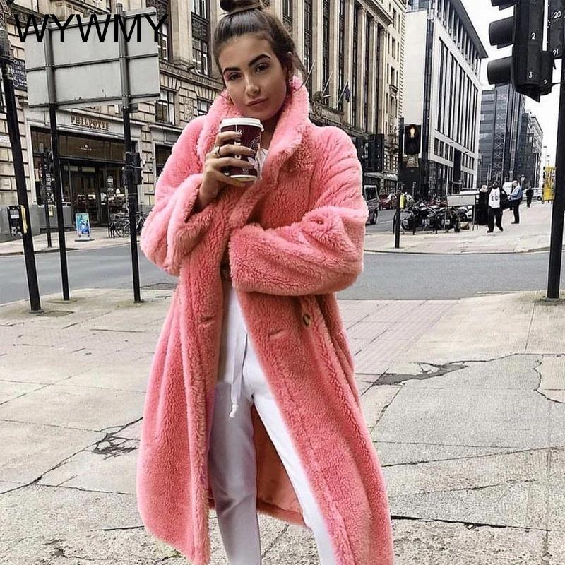 

WYWMY Pink Long Teddy Jacket Coat Women Winter Thick Warm Oversized Chunky Outerwear Overcoat Women Faux Lambswool Fur Coats