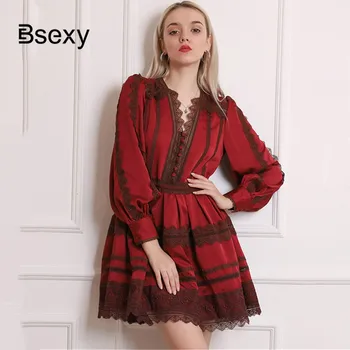2020 Spring Chic Runway Dress WOmen High Quality V neck Long Sleeve Lace Patchwork Elastic Waist Short Wine Red Dress Christmas
2020 Spring Chic Runway Dress WOmen High Quality V neck Long Sleeve Lace Patchwork Elastic Waist Short Wine Red Dress Christmas