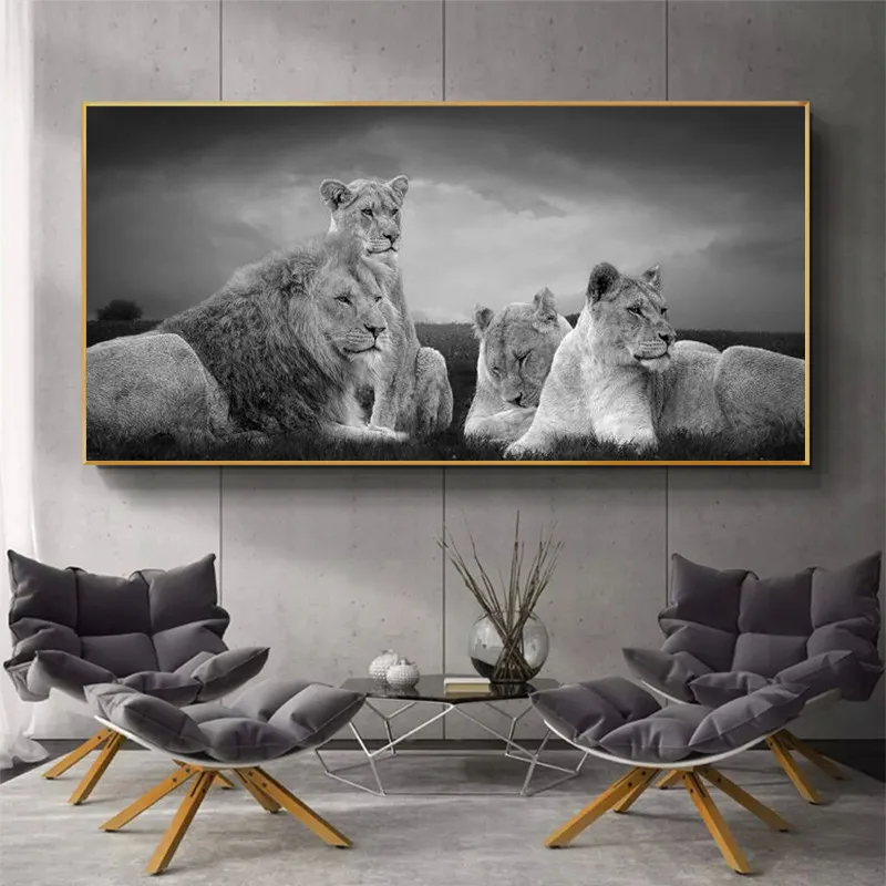 

African Lions Family Black And White Canvas Art Posters And Prints Lions Animasl Canvas Paintings On the Wall Art Decor Pictures