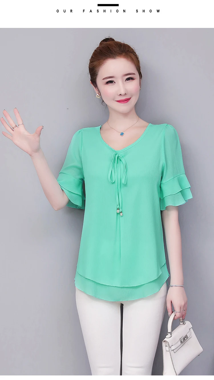 Women Blouses Solid 2020 Summer New Short- Sleeve V-Neck Lace up Shirt Female Chiffon Womens Plus Size Tops Slim Clothing NS4544 Women Blouses Solid 2020 Summer New Short- Sleeve V-Neck Lace up Shirt Female Chiffon Womens Plus Size Tops Slim Clothing NS4544