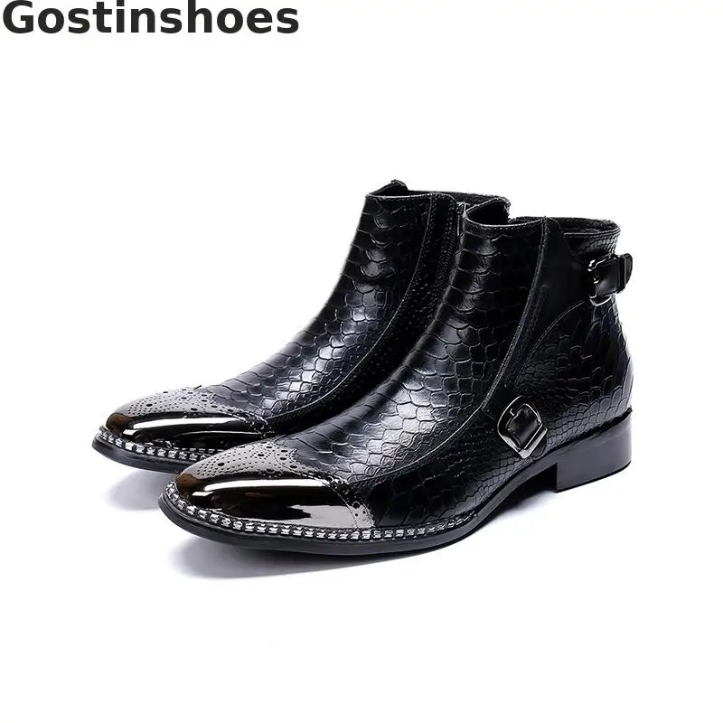 Black Genuine Leather Men Boots Snakeskin Pattern Printed Double Buckle Straps Work Western Boots Metal Cap Toe Short Ankle Boot
Black Genuine Leather Men Boots Snakeskin Pattern Printed Double Buckle Straps Work Western Boots Metal Cap Toe Short Ankle Boot