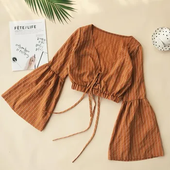 2019 Women's Crop Top V Neck Striped Print Short Blouse Ladies Slim Lace Up Shirt
2019 Women's Crop Top V Neck Striped Print Short Blouse Ladies Slim Lace Up Shirt