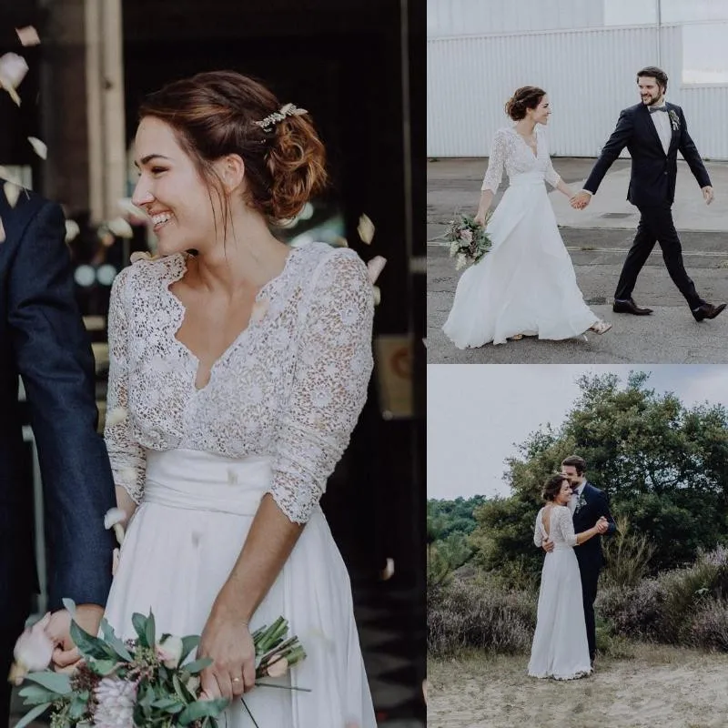 Cheap Lace Chiffon Country Weding Dresses A Line Sexy Backless Bohemian Beach Boho Bridal Gown 3/4 Sleeves Bride Dress Plus Size
Cheap Lace Chiffon Country Weding Dresses A Line Sexy Backless Bohemian Beach Boho Bridal Gown 3/4 Sleeves Bride Dress Plus Size