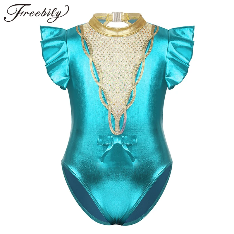 Kids Girls Short Flutter Sleeves Metallic Sparkly Sequins Ballet Gymnastics Leotard Jumpsuit Showman Performance Dance Costume |